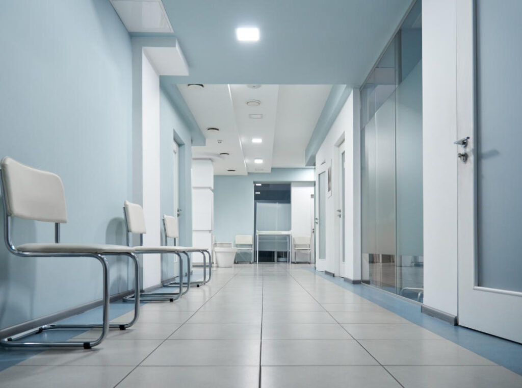 Freshly painted corridor inside a commercial medical centre